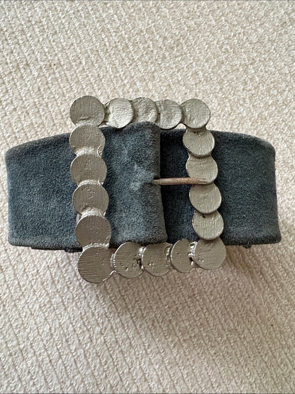 Gray Blue Suede Belt with Decorative Silver Buckle